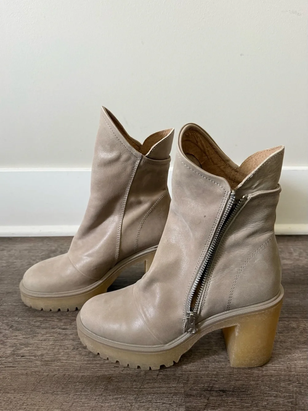Free People Taupe Leather Zip-Up Chunky Heel Boots